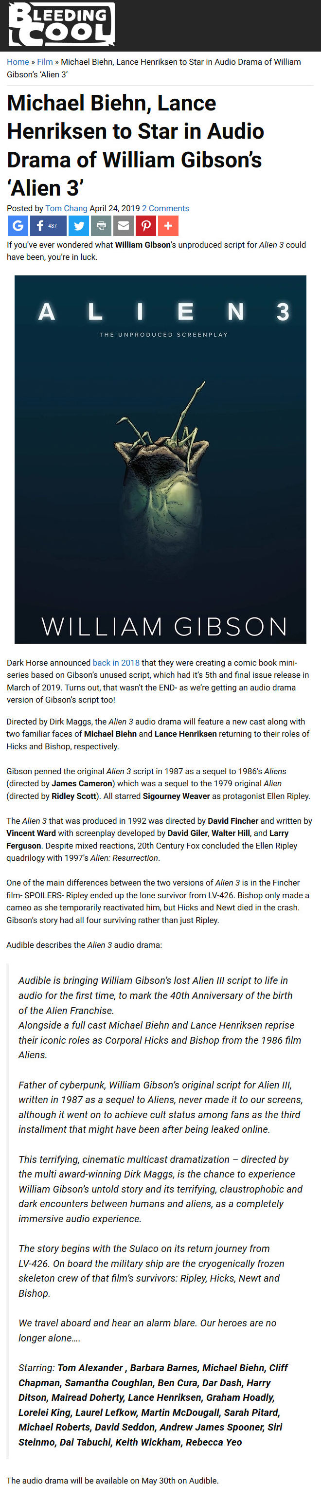 Alien 3 - Michael Biehn and Lance Henriksen to Star in Audio Drama of William Gibson
Tom Chang - April 24, 2019
Bleeding Cool
Keywords: aliens_media;aliens_alien3_audio;media_promotion;all_media_articles