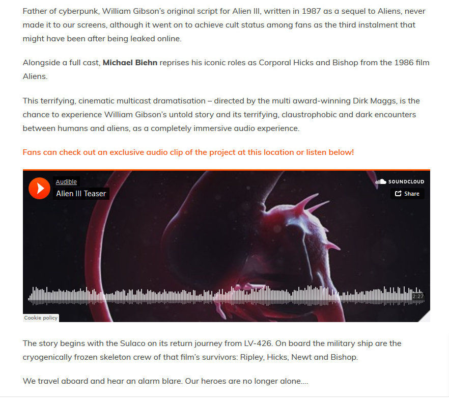 Alien 3 - Michael Biehn Stars In Audio Drama For William Gibson Lost Alien III 
Icon-Vs-Icon
Keywords: aliens_media;aliens_alien3_audio;media_promotion;all_media_articles