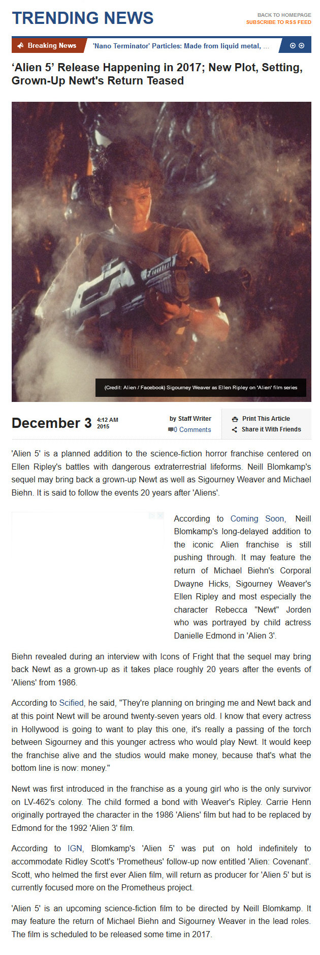 Alien 5 Release Happening in 2017 - New Plot Setting - Grown-Up Newt's Return Teased
3 Dec 2015
Trending News
Keywords: ;media_publicity;aliens_alien5