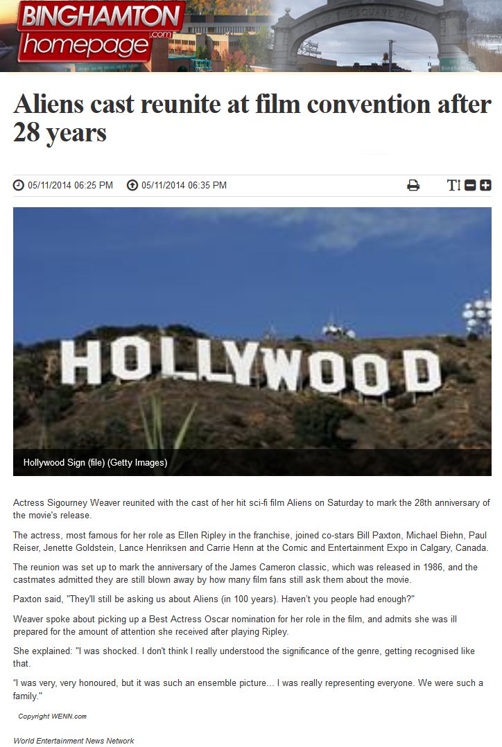 Cast reunion 28 Years Later - 11 May 2014
Binghamton - Wenn.com
Keywords: all_media_articles;aliens_media;media_publicity