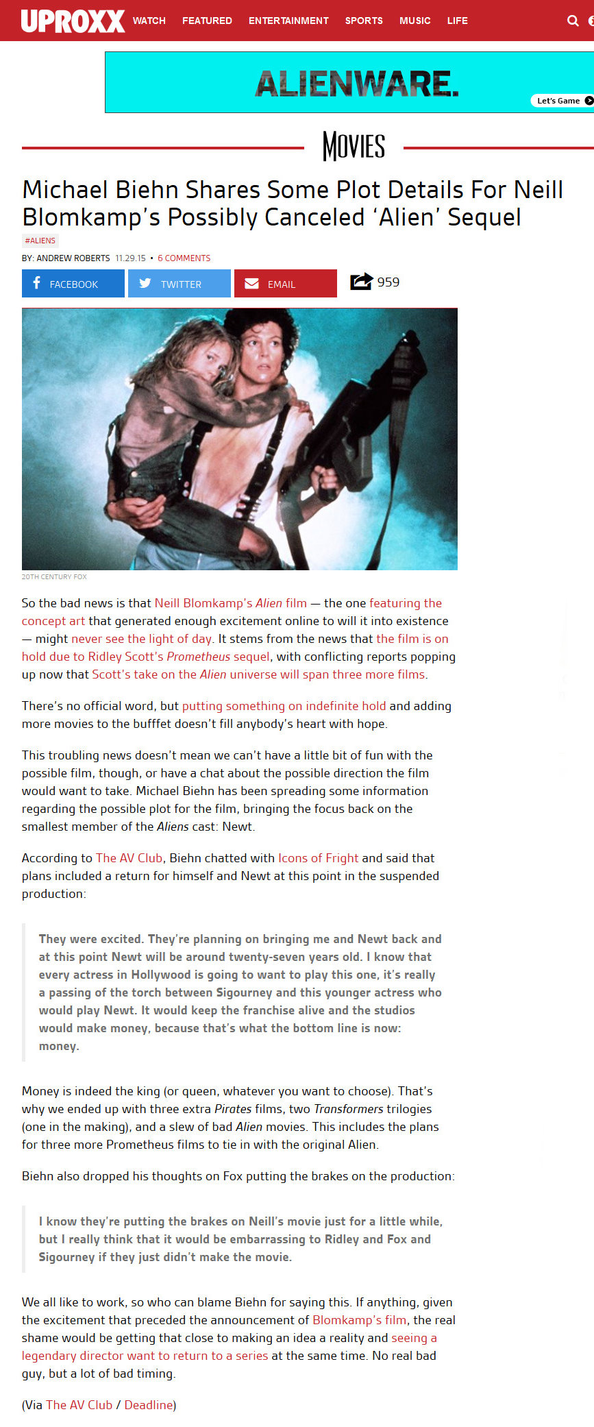 Michael Biehn Talks Neill Blomkamp's Aliens Sequel - Newt Will Return
Andrew Roberts - 29 Nov 2015
uproxx.com
Keywords: ;media_publicity;aliens_alien5