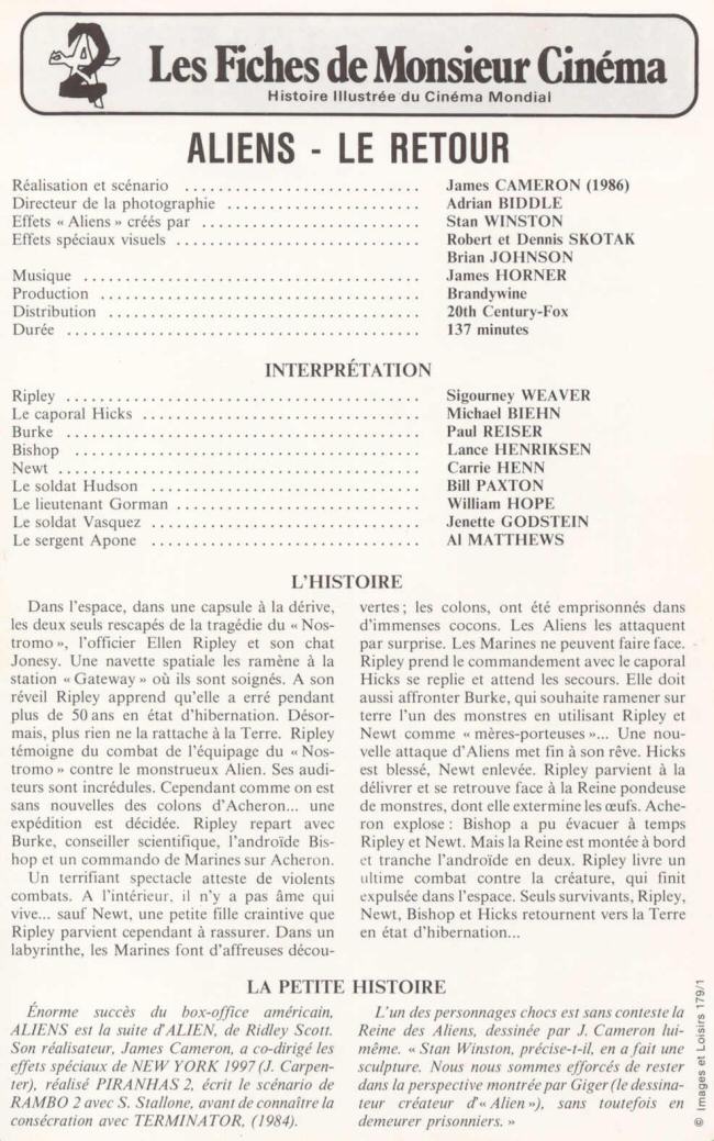 Aliens - Le Retour - French Publicity Card - BACK
Keywords: all_media_articles;aliens_media;media_promotion