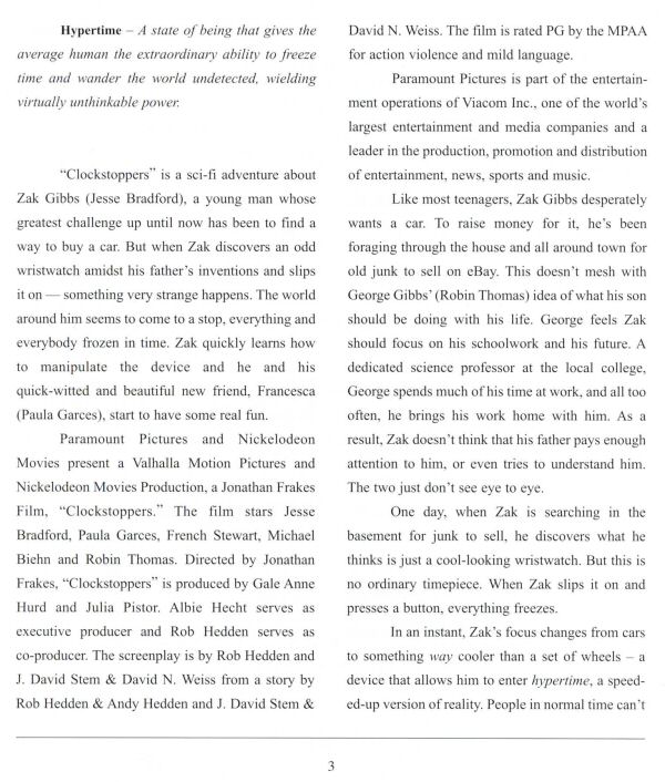 Clockstoppers - Press Kit - About the Film - PAGE 1
Keywords: clockstoppers_media;all_media_articles;media_presskit