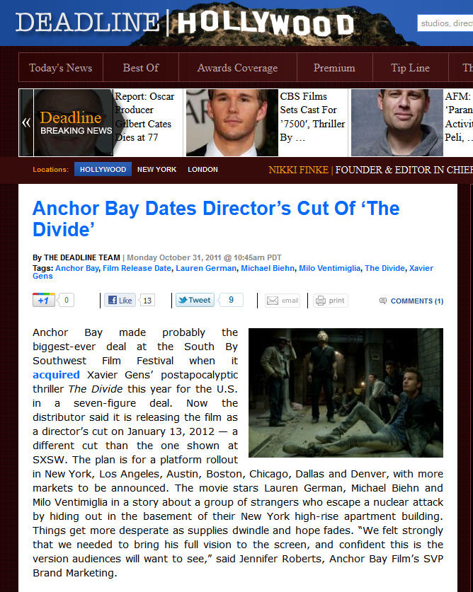 Anchor Bay Dates Director's Cut of The Divide
Deadline Hollywood
The Deadline Team - 31 Oct 2011
Keywords: ;media_review