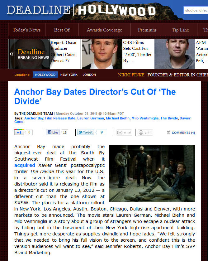 Anchor Bay Dates Director's Cut of The Divide
Deadline Hollywood
The Deadline Team - 31 Oct 2011
Keywords: divide_media;all_media_articles;media_review
