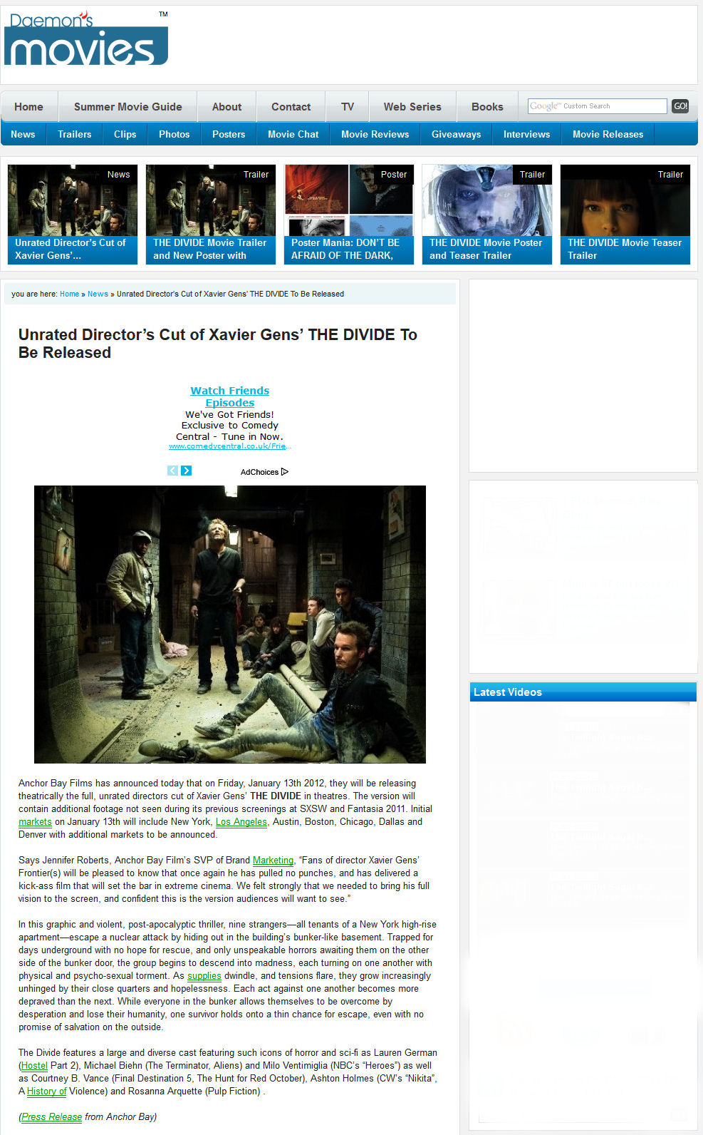 Unrated Director's Cut of Xavier Gen's THE DIVIDE To Be Released
Daemon's Movies - Press Release From Anchor Bay
Keywords: divide_media;all_media_articles;media_review