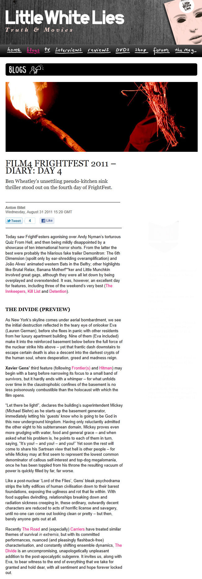 The Divide Preview - FilmFour Frightfest 2011 Diary Day 4
Little White Lies - Anton Bitel - 31 Aug 2011
Keywords: divide_media;all_media_articles;media_review