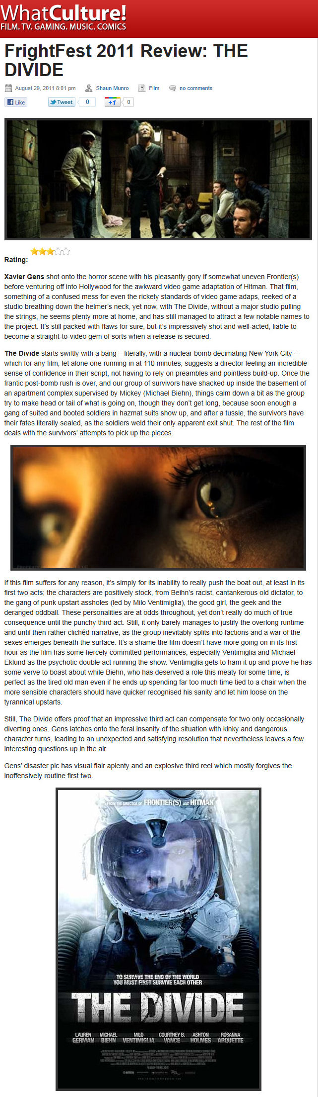 Fright Fest 2011 Review - The Divide 
WhatCulture!
Shaun Munroe - 29 Aug 2011
Keywords: divide_media;all_media_articles;media_review