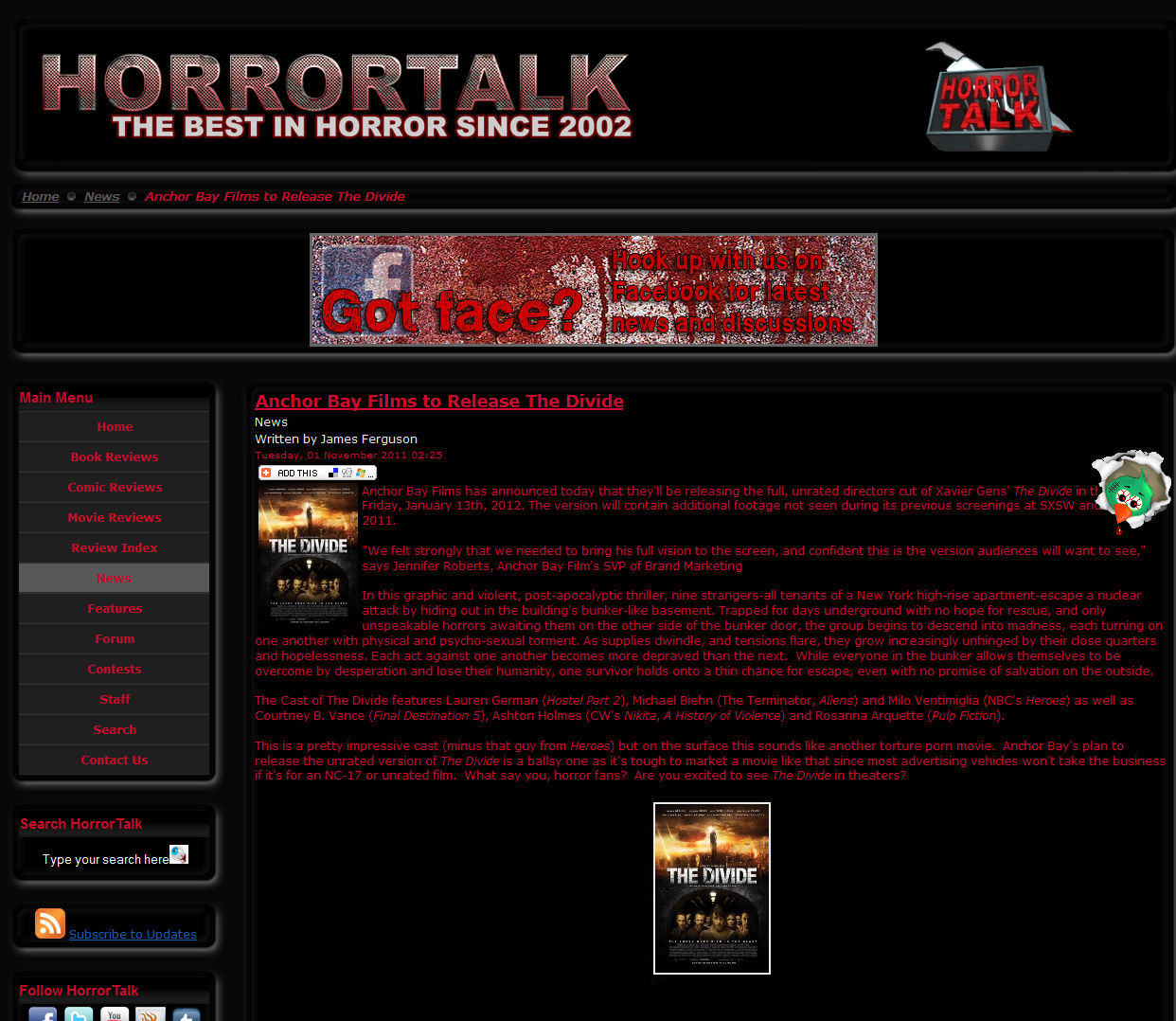 Horrortalk - Anchor Bay Films to Release The Divide
James Ferguson - 01 Nov 2011
Keywords: divide_media;all_media_articles;media_review