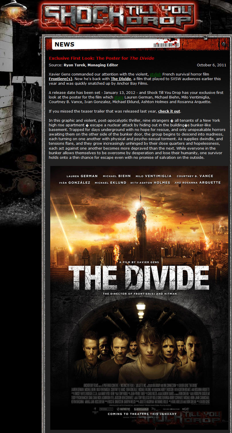 Exclusive First Look: The Poster for The Divide
Shock Til You Drop
Ryan Turek - 6 October 2011
Keywords: divide_media;all_media_articles;media_review