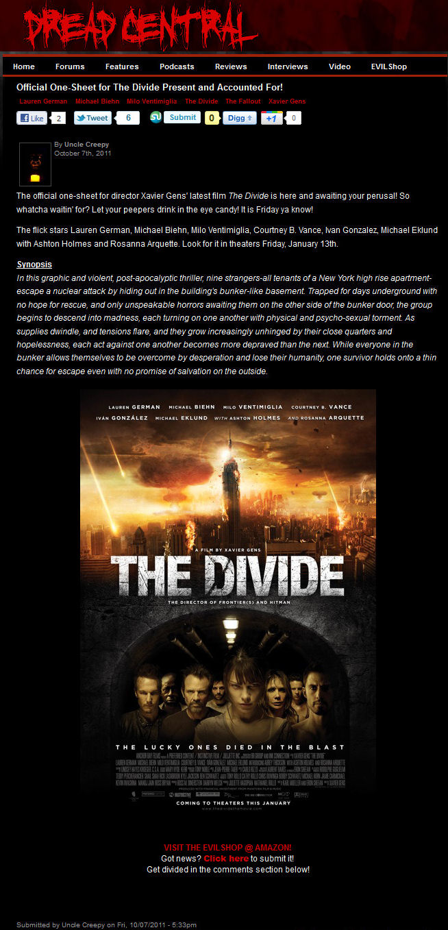 Official One-sheet for The Divde Presetn and Acoounted For
DreadCentral
Uncle Creepy - 7th Oct 2011
Keywords: divide_media;all_media_articles;media_review