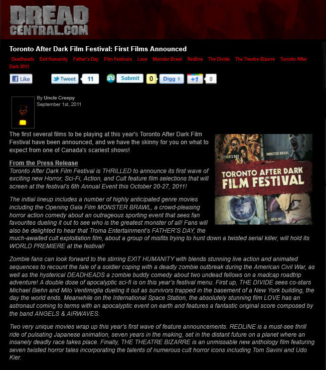 The Divide - Toronto After Dark Film Festival - First Films Annnounced
DreadCentral.com
Unlce Creepy - 1 Sep 2011
Keywords: ;media_review