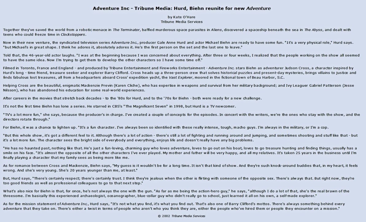 Adventure Inc - Tribune Media - Hurd, Biehn reunite for new Adventure
Keywords: adventure_inc_media;all_media_articles;media_review