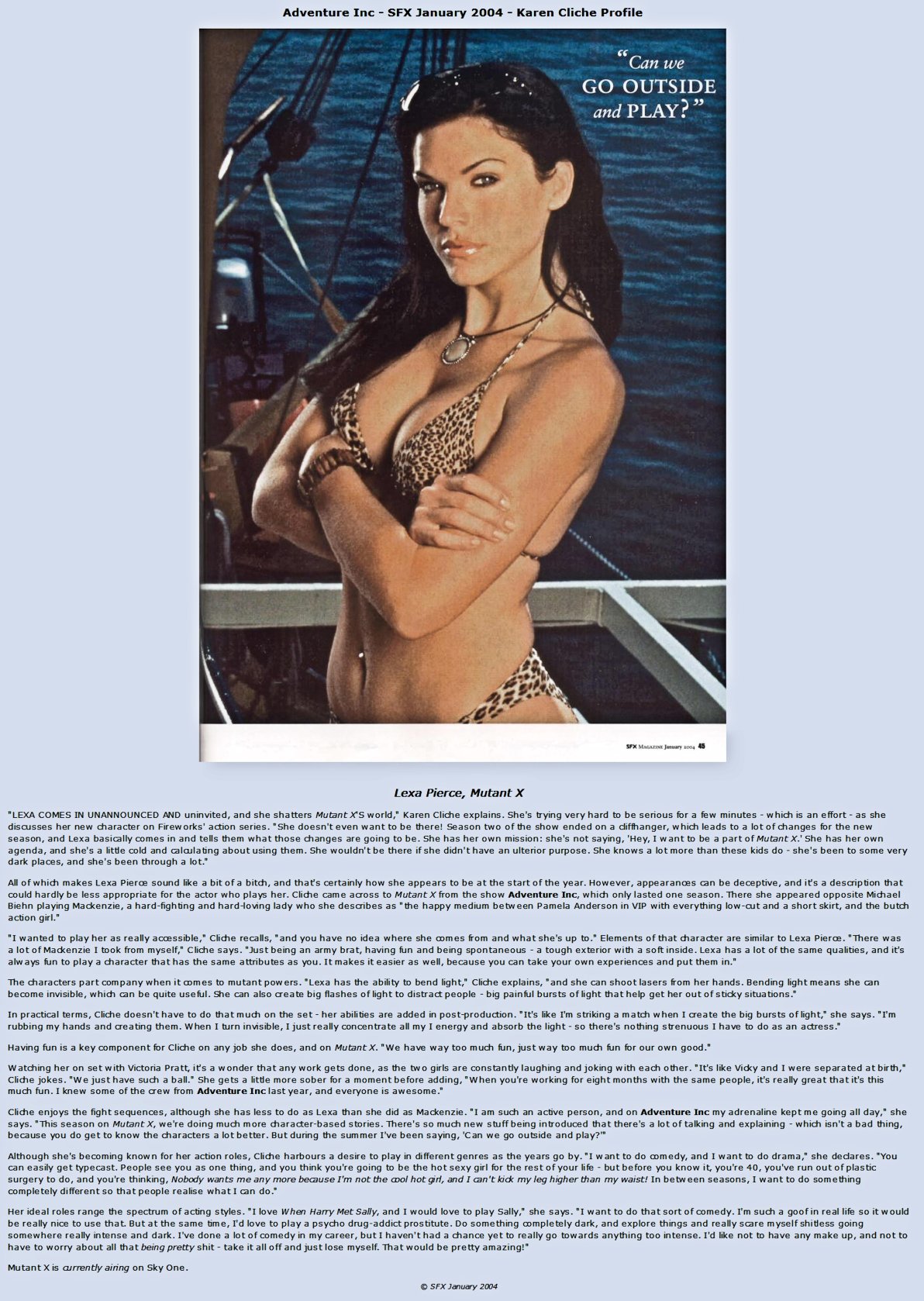 Adventure Inc - SFX January 2004 - Karen Cliche Profile
Keywords: adventure_inc_media;all_media_articles;media_review;media_transcript