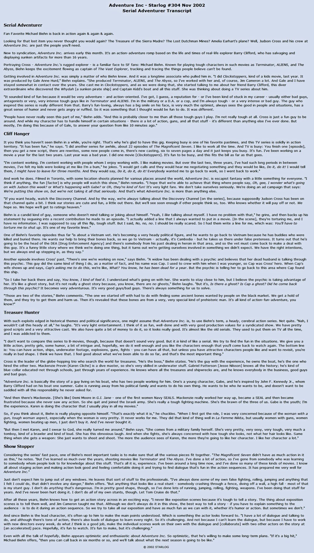 Adventure Inc - Starlog #304 Nov 2002 - Serial Adventurer - Transcript
Keywords: adventure_inc_media;all_media_articles;media_review;media_transcript