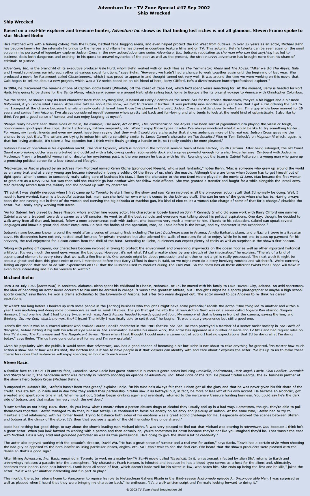 Adventure Inc - TV Zone Special #47 Sep 2002 - Ship Wrecked - Transcript
Keywords: adventure_inc_media;all_media_articles;media_review;media_transcript