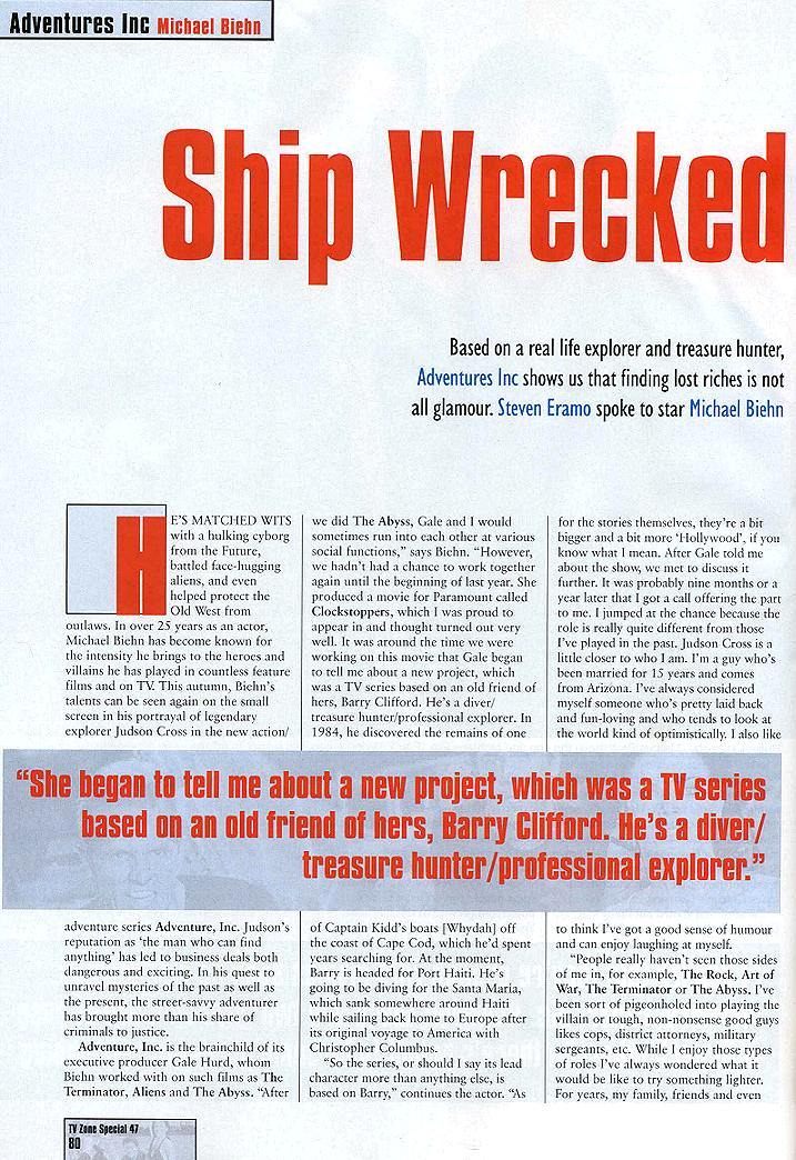 Adventure Inc - TV Zone Special #47 Sep 2002 - Ship Wrecked - PAGE 1
Keywords: adventure_inc_media;all_media_articles;media_review