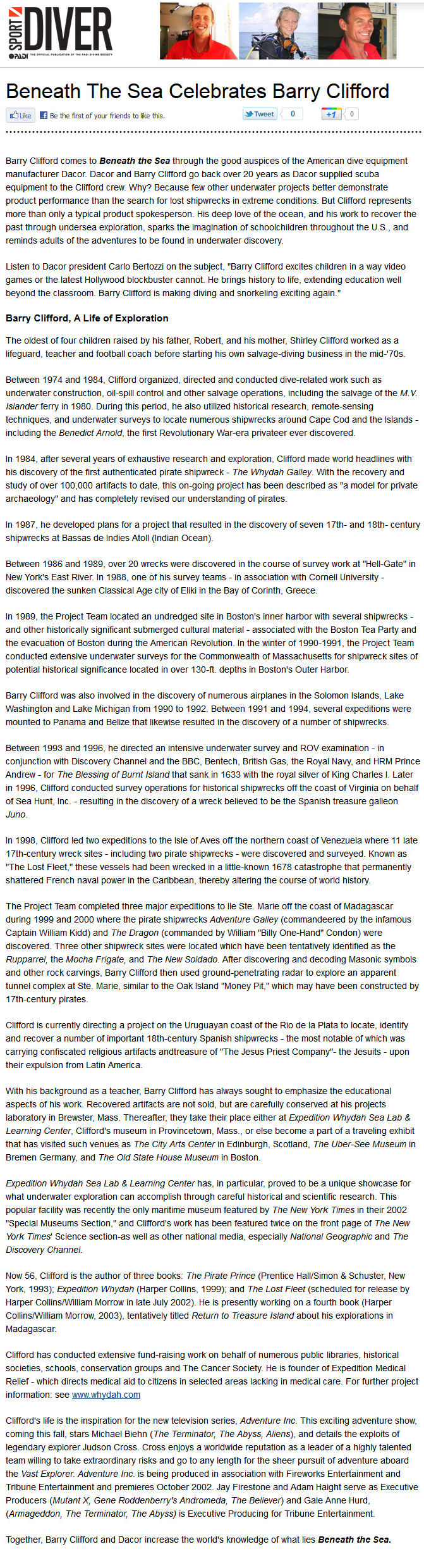 Adventure Inc - Beneath the Sea Celebrates Barry Clifford
Keywords: adventure_inc_media;all_media_articles;media_review