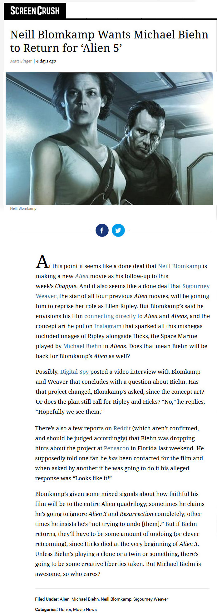 Neill Blomkamp Wants Michael Biehn to Return For Alien
Matt Singer - Feb 2015
Screen Crush
Keywords: ;media_publicity;aliens_alien5
