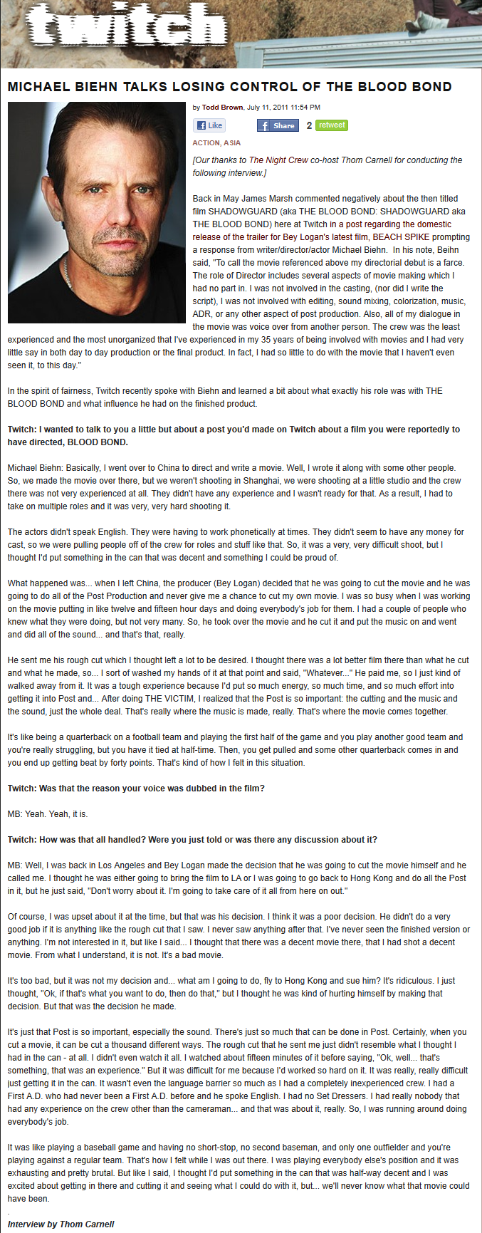 The Blood Bond - Biehn Talks of Losing Control of Movie 01
Todd Brown - 11 July 2011
Keywords: all_media_articles;blood_bond_media;media_interview