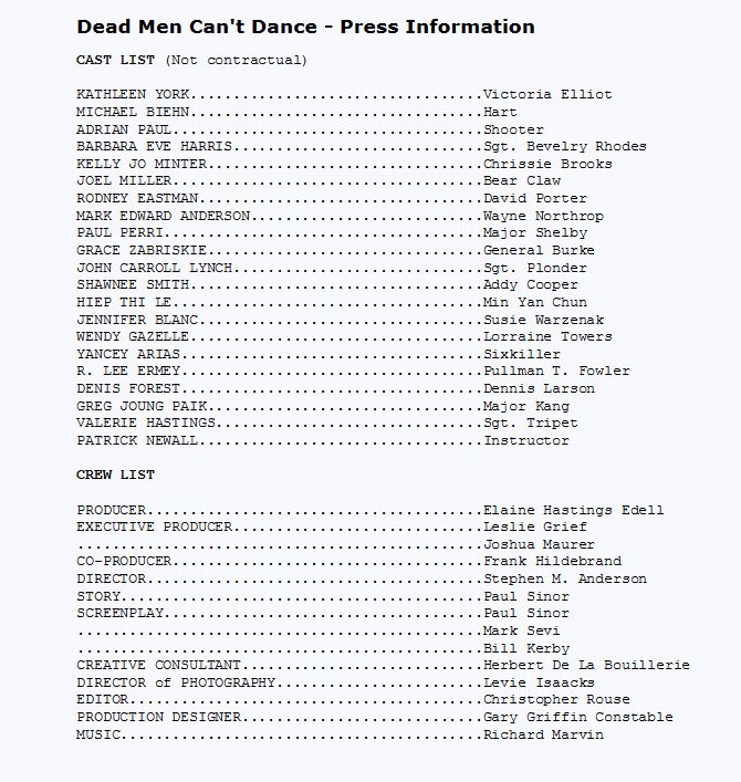 Dead Men Can't Dance - Press Information - Cast and Crew
Keywords: dead_men_media;all_media_articles;media_presskit