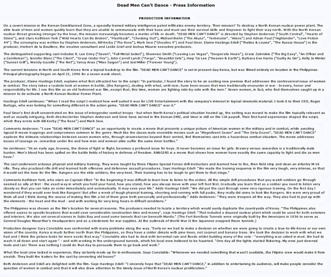 Dead Men Can't Dance - Press Information - Production Information
Keywords: dead_men_media;all_media_articles;media_presskit