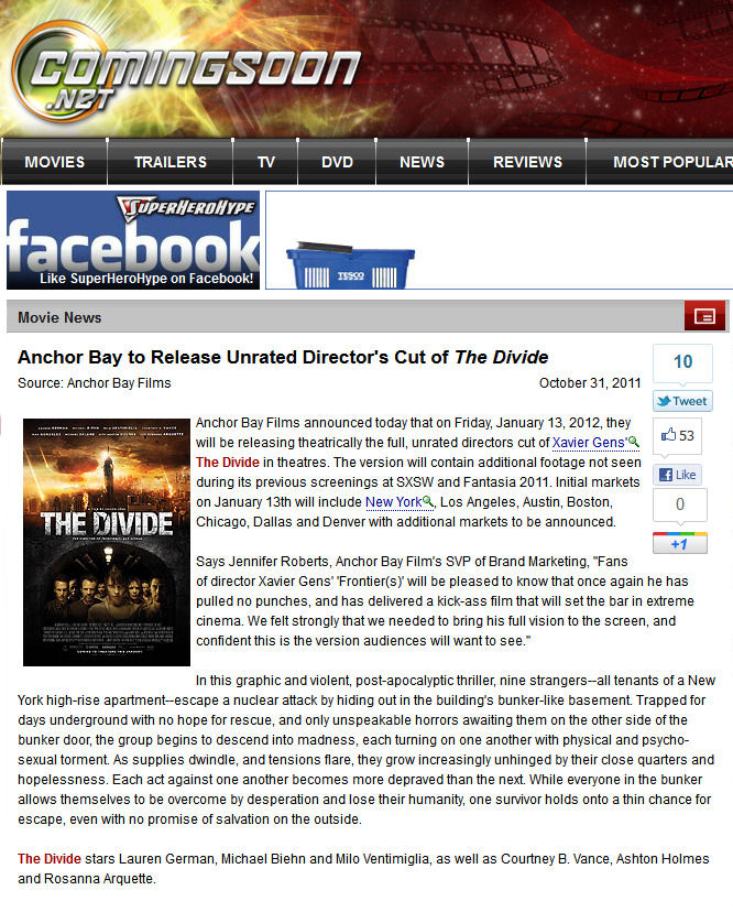 Anchor Bay to Release Unrated Director's Cut of The Divide
Comingsoon.net - 31 Oct 2011
Keywords: divide_media;all_media_articles;media_review