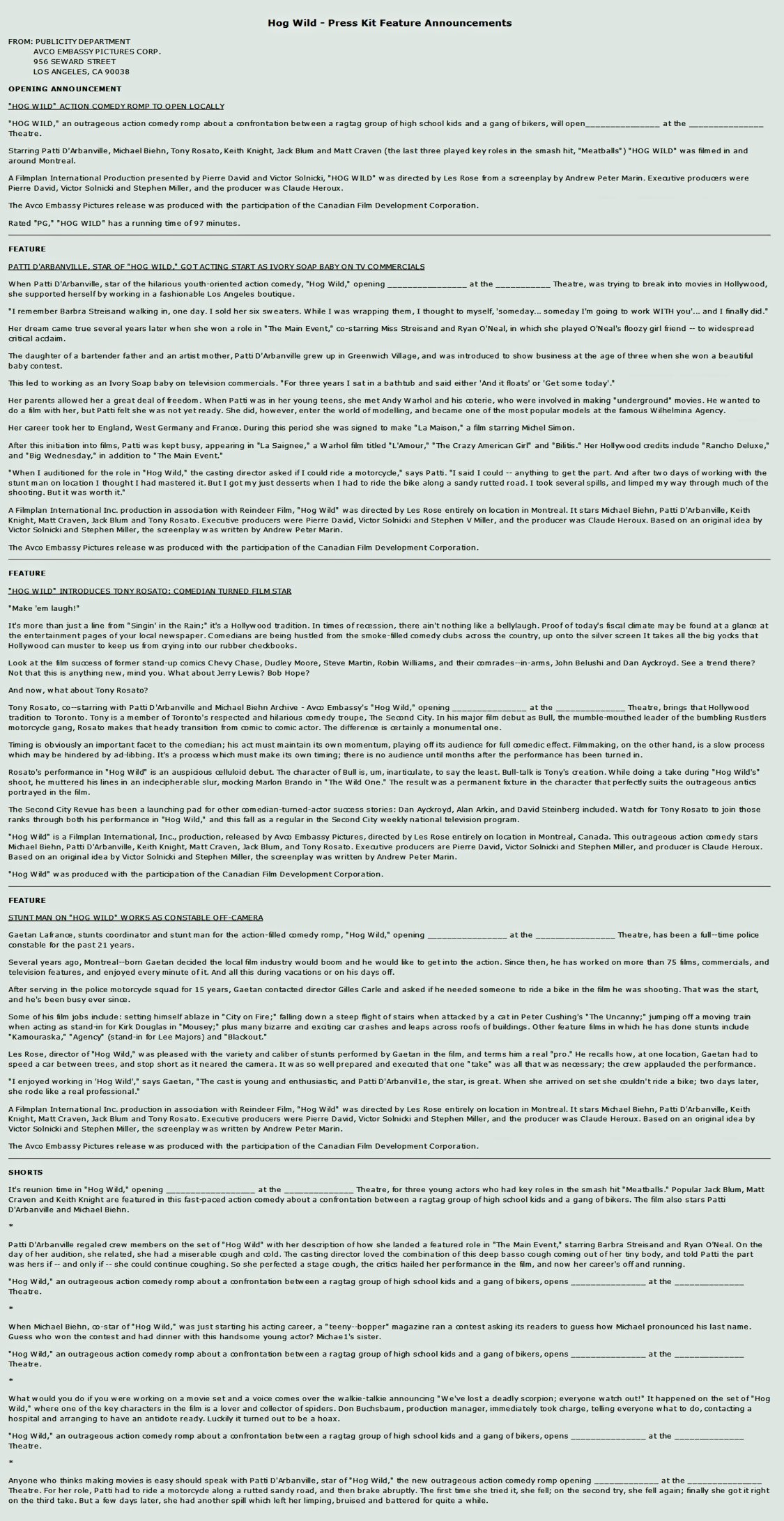 Hog Wild - Presskit - Feature Announcements
Keywords: hog_wild_media;all_media_articles;media_presskit