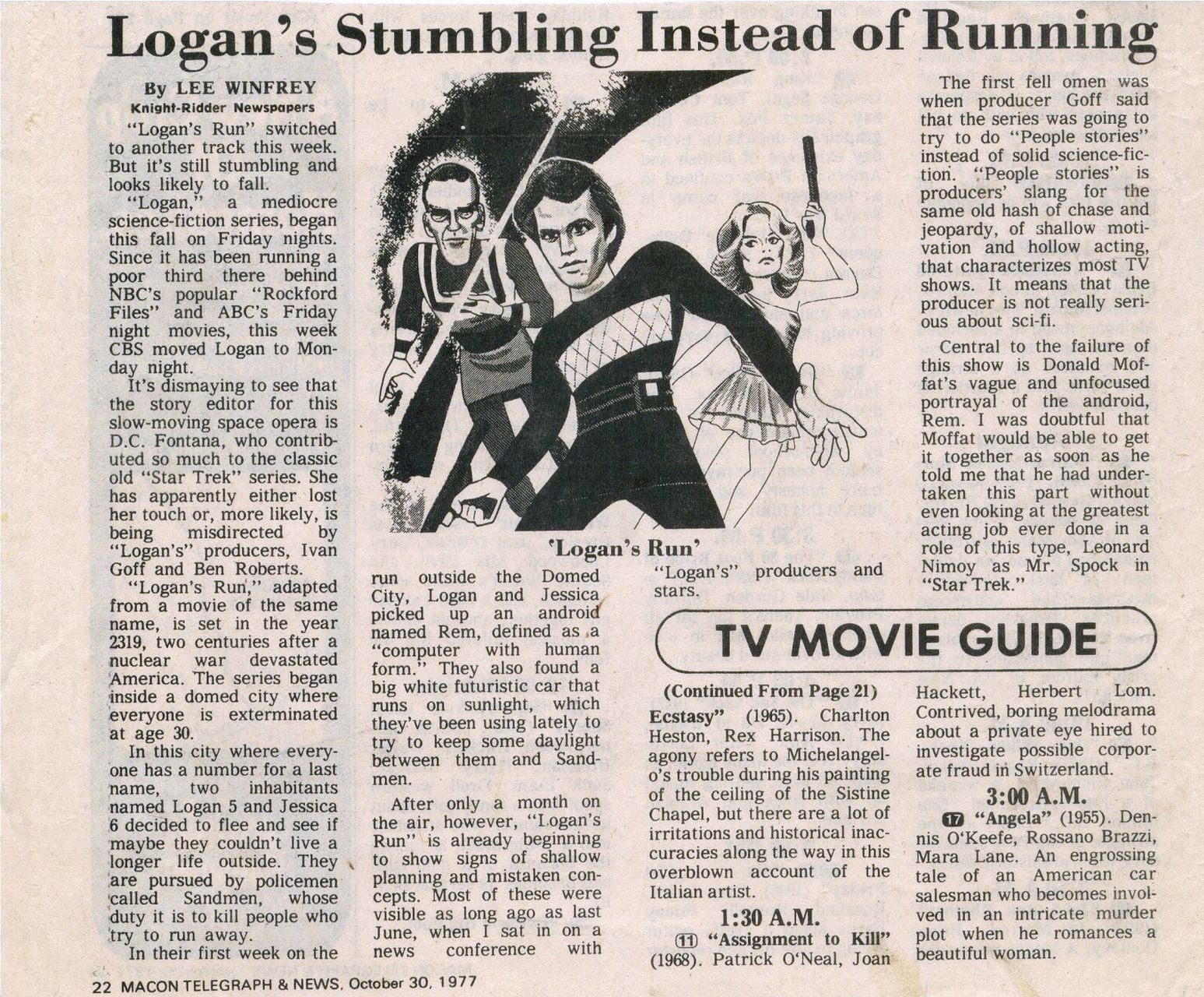 Logan's Stumbling Instead of Running
MaMacon Telegraph 30 Oct 1977 - Logan's Run
Keywords: logans_run_media;all_media_articles;media_review