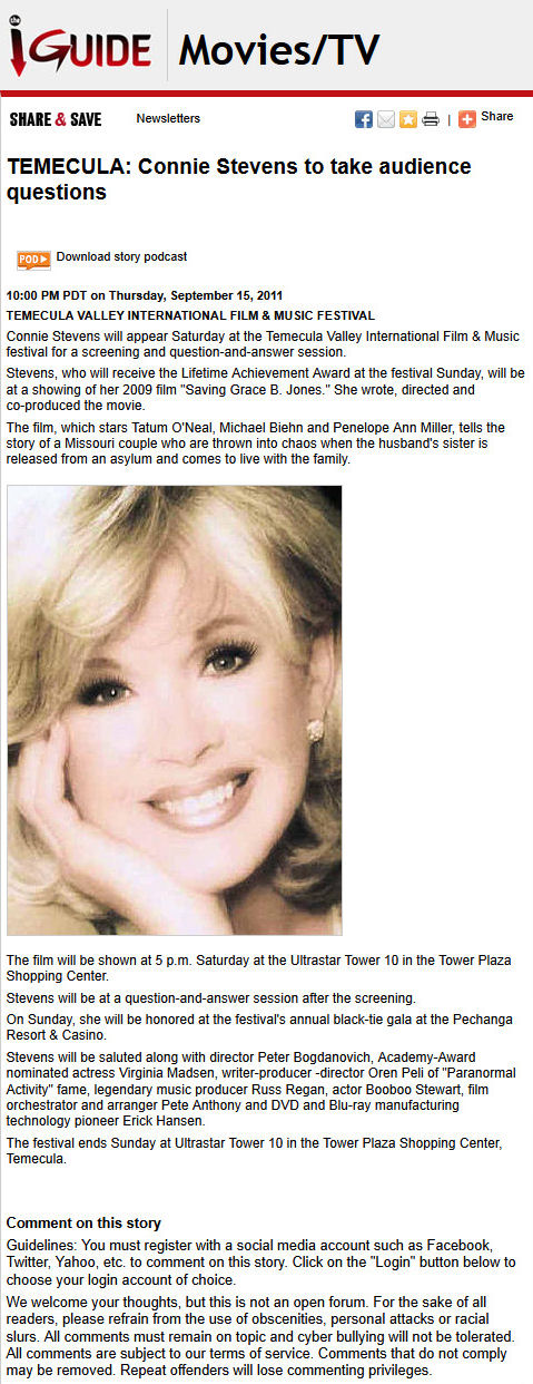 Saving Grace B Jones - Temecula - Connie Stevens to Take Audience Questions
iGuide - 15th September 2011
Keywords: ;media_review