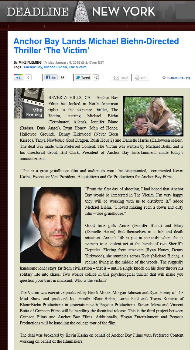 Anchor Bay Lands Michael Biehn-directed Thriller - The Victim
Deadline New York - 6 Jan 2012
Article by Mike Fleming
Keywords: all_media_articles;victim_media;media_preview