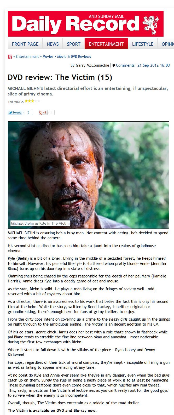 DVD Review - The Victim
Daily Record - 21 Sep 2012
Article by Garry McConnachie
Keywords: all_media_articles;victim_media;media_review