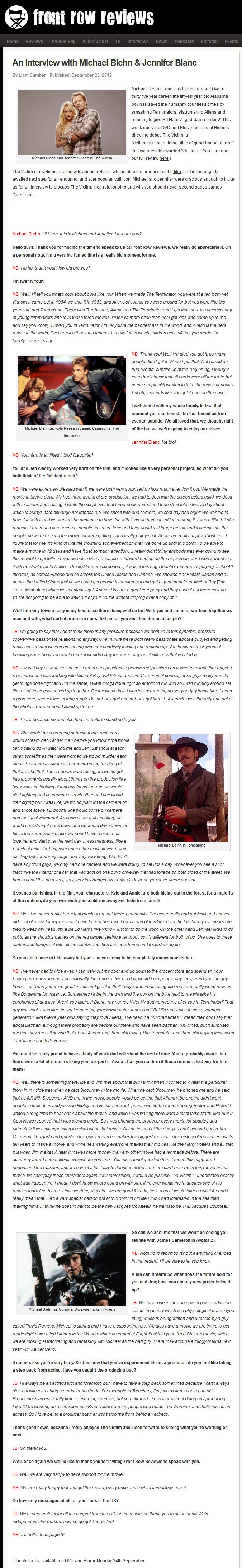 An Interview with Michael Biehn and Jennifer Blanc
Front Row Reviews - 23rd Sep 2012
Article by Liam Cumber
Keywords: all_media_articles;victim_media;media_interview