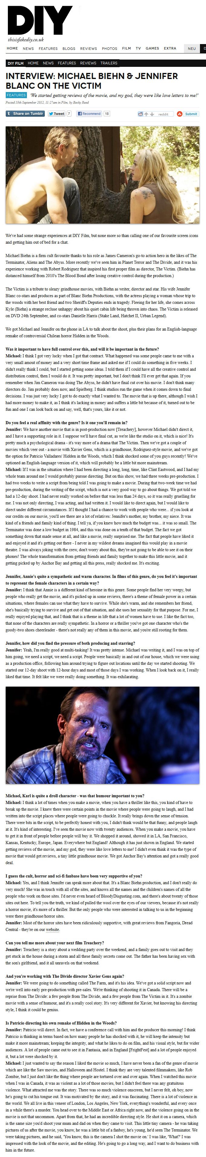 Interview - Michael Biehn and Jennifer Blanc on The Victim
DIY - 19 Sep 2012
Article by Becky Reed
Keywords: all_media_articles;victim_media;media_interview