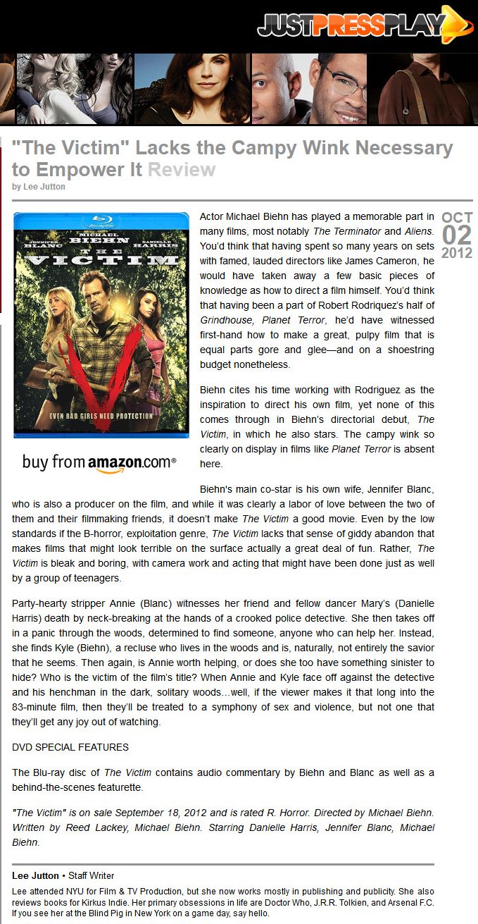 The Victim - Lacks the Campy WInk Necessary to Empower It
Just Press Play It - 02 Oct 2012
Article by Lee Jutton
Keywords: media_review;all_media_articles;victim_media