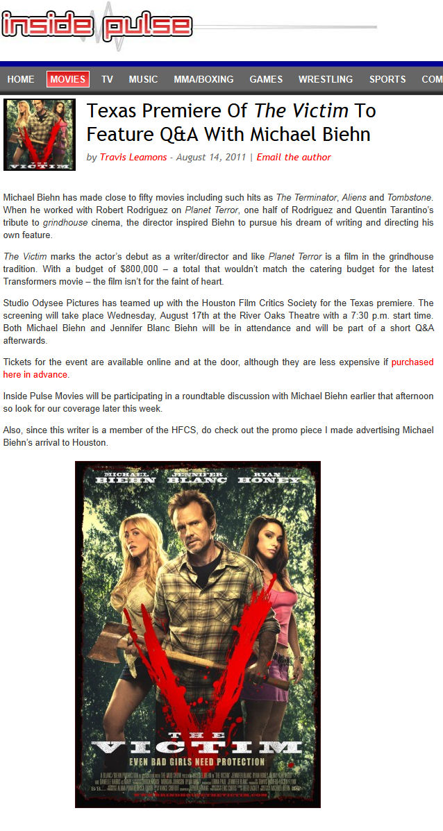 Texas Premier of The Victim to Feature Q&A with Michael Biehn
inside Pulse
Reviewer - Travis Leamons - 14 Aug 2011
Keywords: all_media_articles;victim_media;media_review