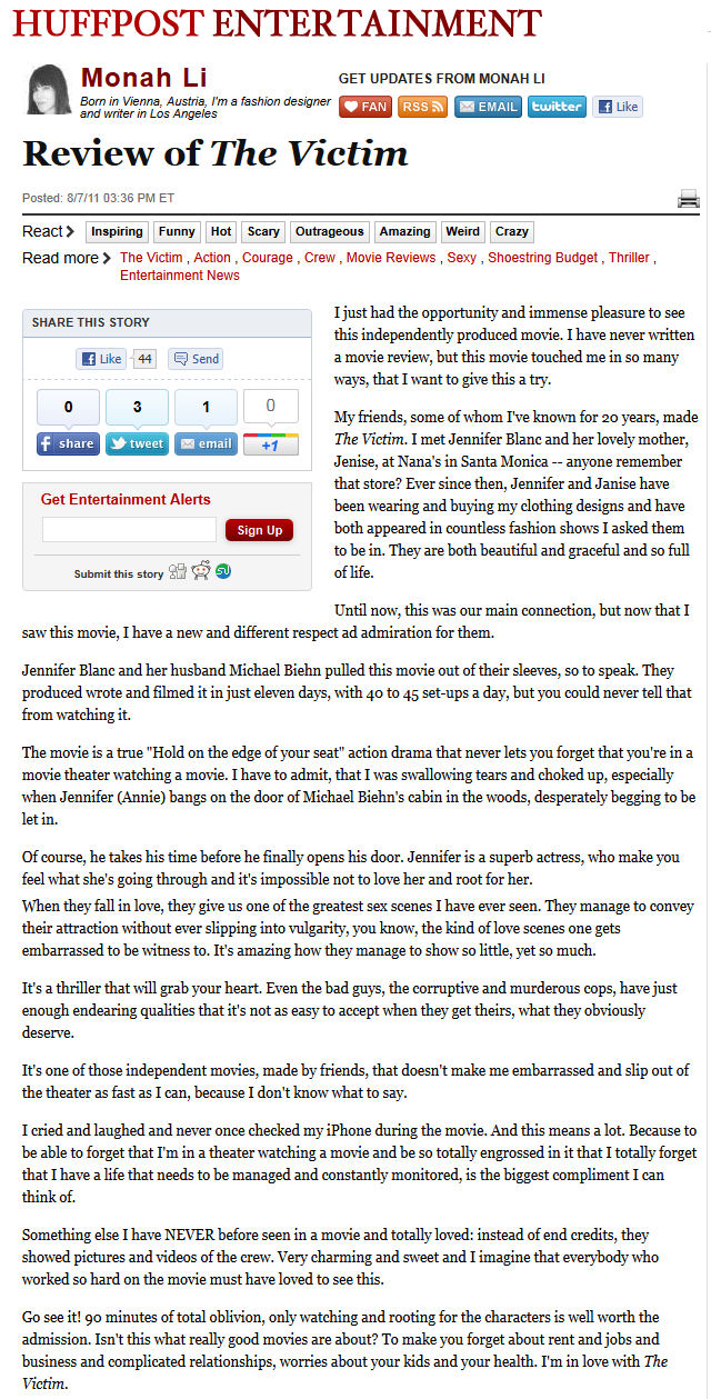 Review of The Victim - 7th August 2011
Huffpost Entertainment
Reviewer - Monah Li
Keywords: all_media_articles;victim_media;media_review